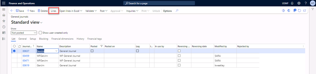 General journals page with GenJrn selected and the Lines button selected