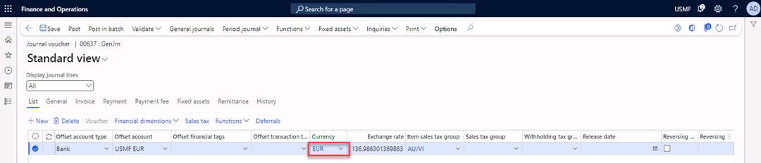 Journal voucher page with EUR selected in the Currency field