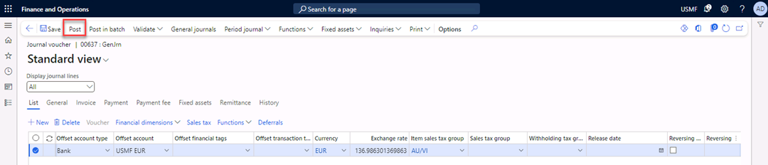 Journal voucher page with Post highlighted in the Action Pane