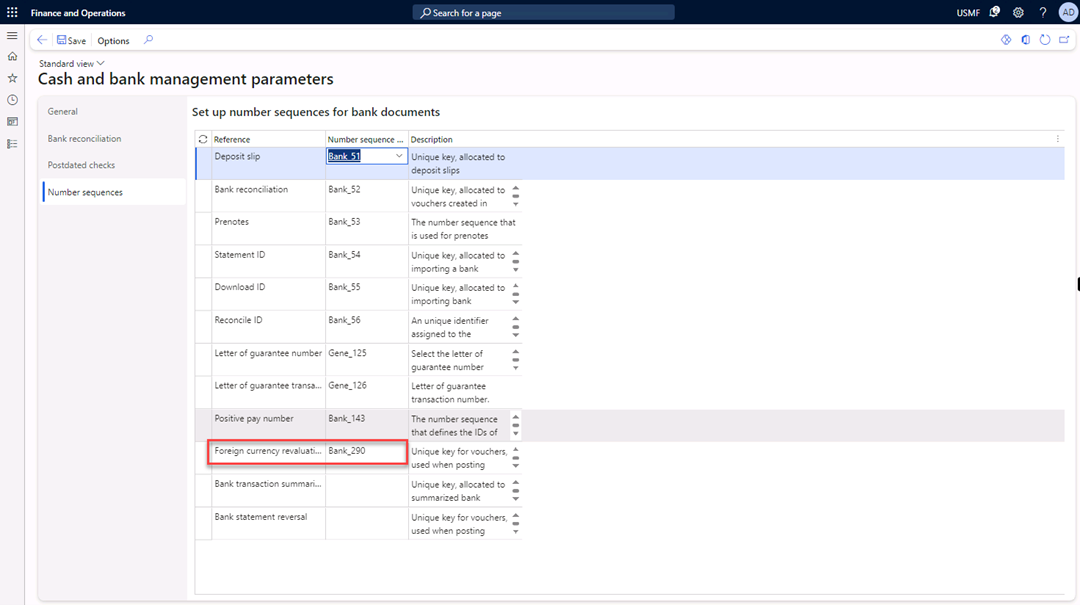 Cash and bank management parameters page with Bank_290 entered in the Number sequence column for Foreign currency revaluation