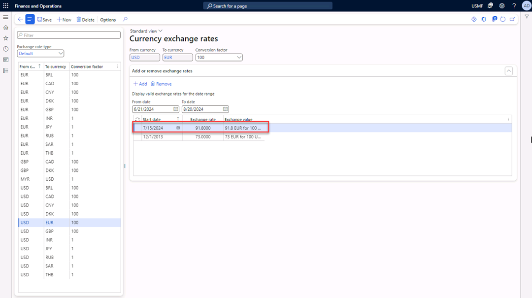 Currency exchange rates page with the Start date, Exchange rate, and Exchange value fields highlighted