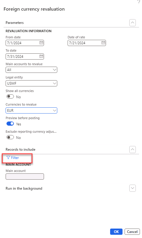Foreign currency revaluation pane with Filter highlighted.