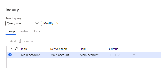 Filtered Inquiry information with the Range tab displayed. The criteria 110130 is entered for Main account.