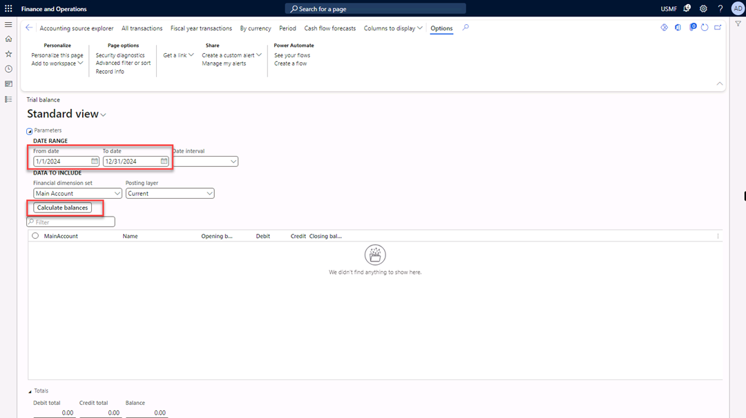 Trial balance page with the From date and To date fields and the Calculate balances button highlighted.