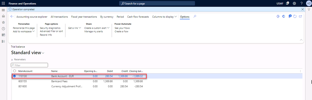 Trial balance page with the balance information for main account 110310 displayed.