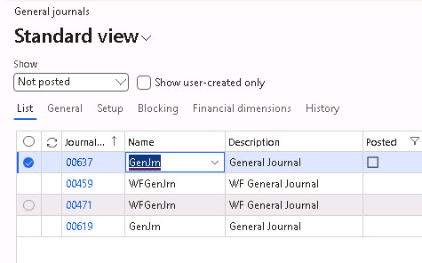 General journals page with GenJrn selected in the Names list