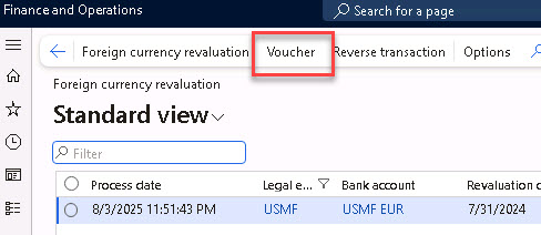 Foreign currency revaluation page with the Voucher transactions button highlighted.