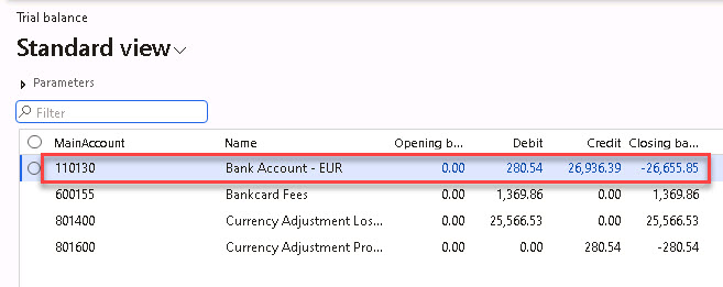 Trial balance page with the balance information for main account 110310 displayed.