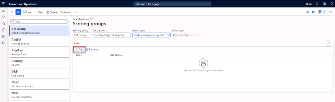 The Scoring groups page is open. Add is selected to add a new line to a scoring group.