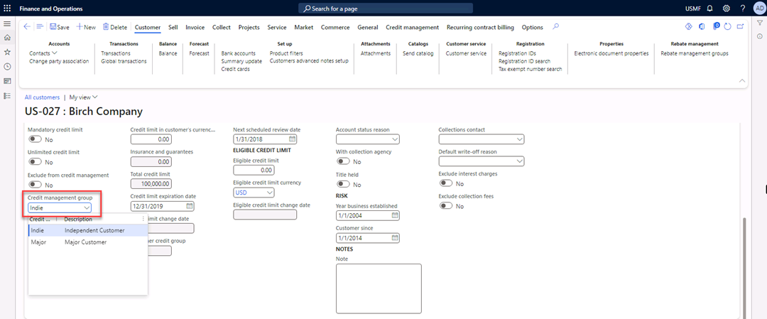 The Vendor page is open to the customer on the Credit and collection FastTab. The value Indie is selected in the Credit management group.