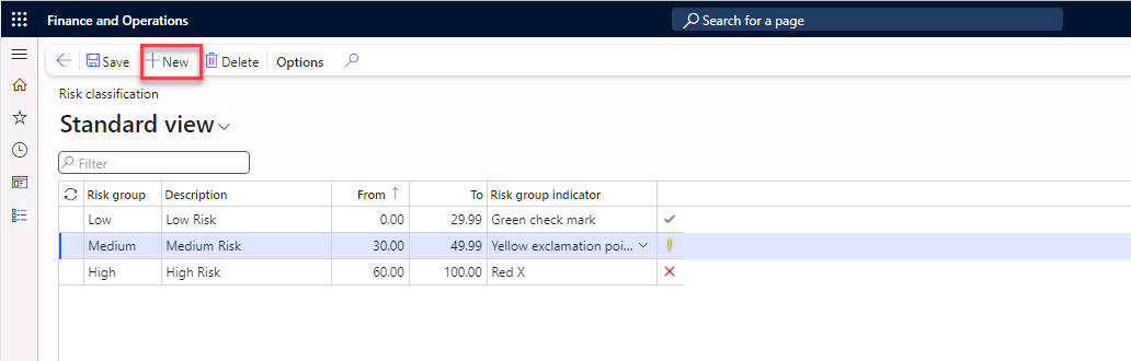 The Risk classification page is open and New in the Action Pane is selected.