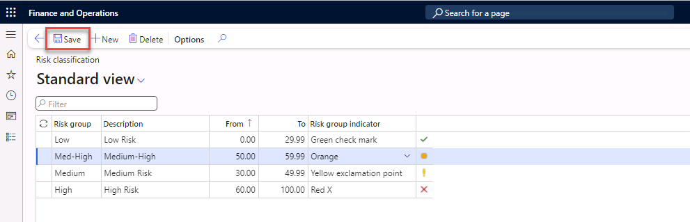 The Risk classification page is open and Save in the Action Pane is selected.