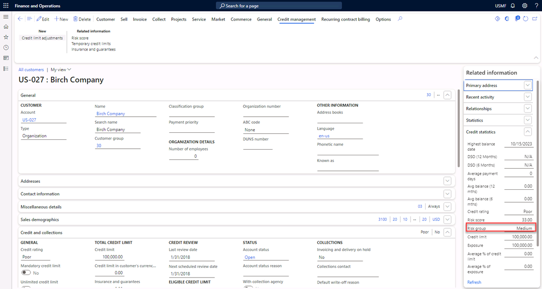 The Customer page is open and in the Related information pane, the Risk group is highlighted.