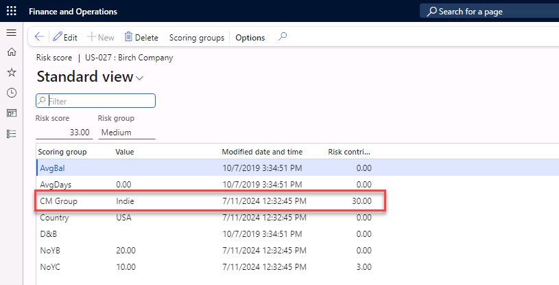 The Vendor page is open and on the Credit management tab, Risk score is selected.