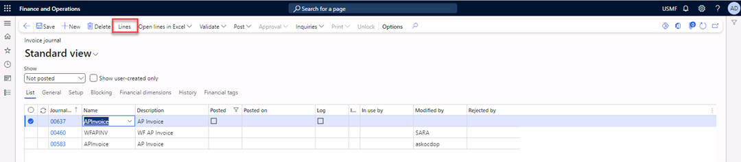 The Invoice journal page with Lines selected in the Action Pane.