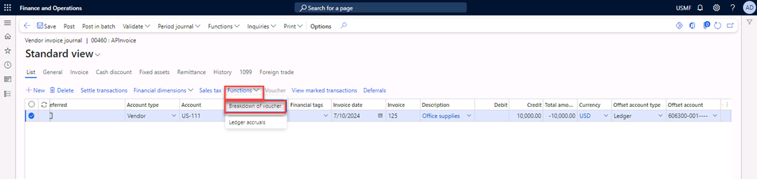 The Vendor invoice journal page is open with a line selected. Breakdown of voucher is selected in the Functions list.