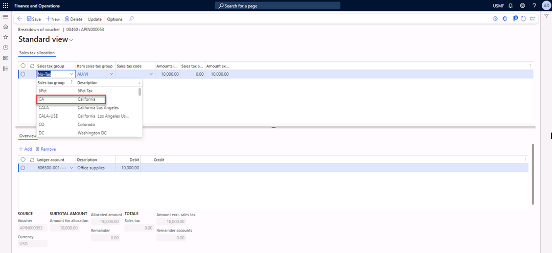 The Breakdown of voucher page is open. Under the Sales tax group column, CA is selected in the field.