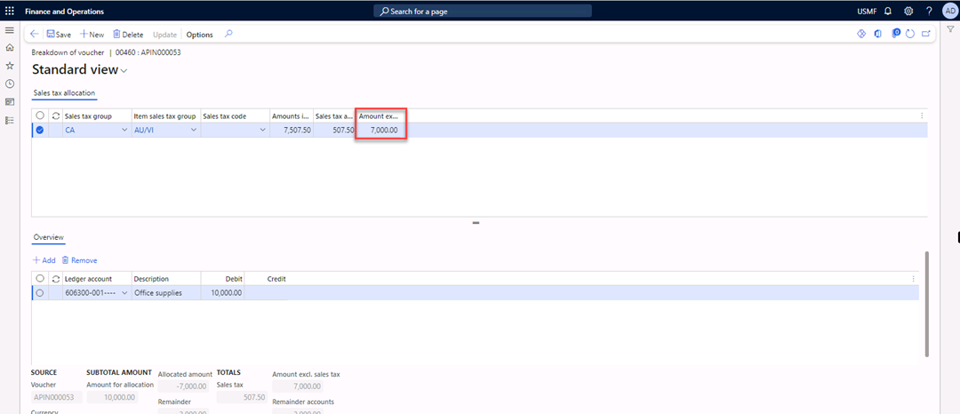 The Breakdown of voucher page is open. The amount in the Amount excl. sales tax column is highlighted.