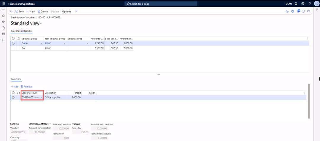 The Breakdown of voucher page is open. Ledger account 606300 is added in the lower part of the page.