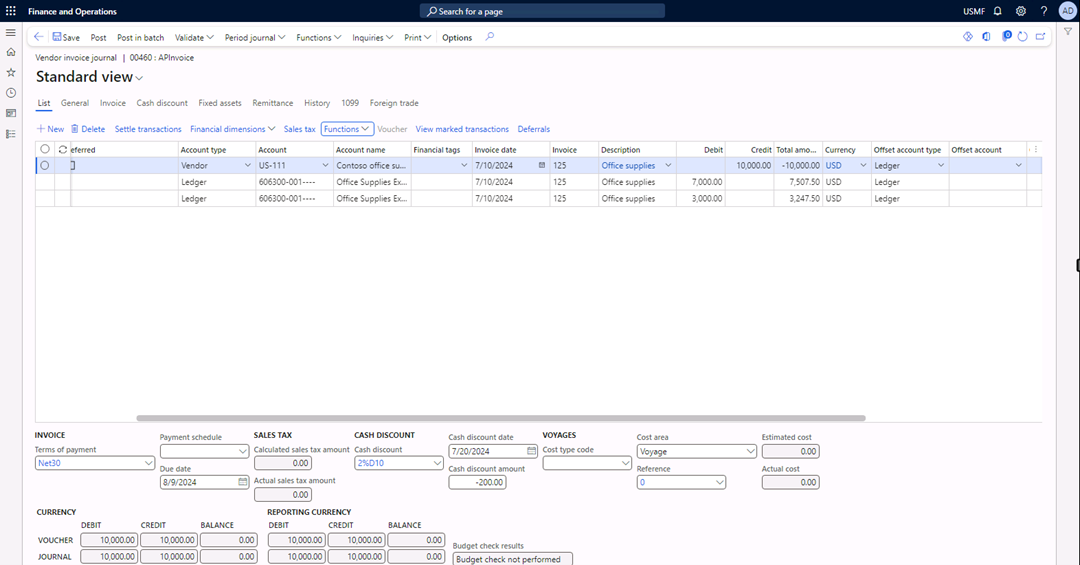 The Vendor invoice journal page is open to display the created lines.