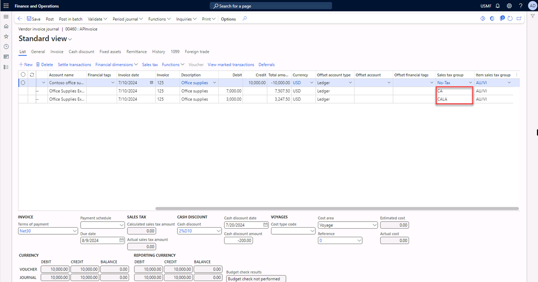 The Vendor invoice journal page is open to display the created lines.