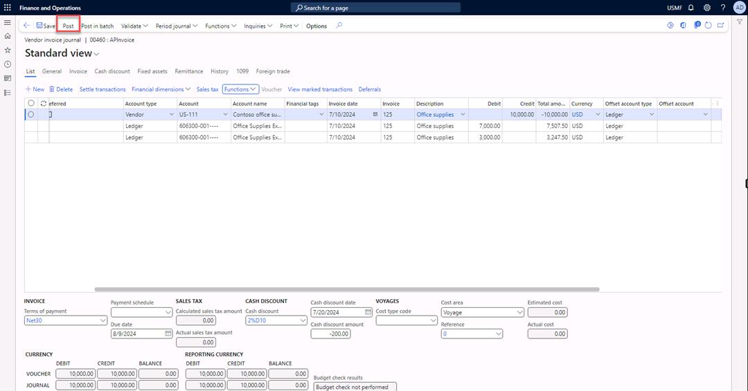 The Vendor invoice journal is open. Post is selected in the Action Pane.