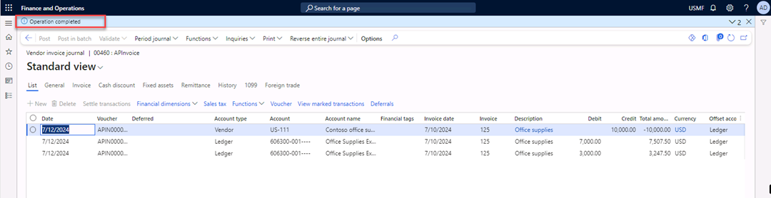 The Vendor invoice journal page is open. The message Operation completed appears in the message bar.