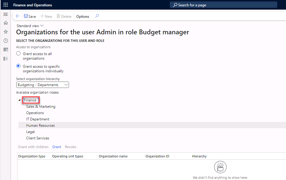 Grant access to specific organizations individually is selected and Finance is highlighted for Budgeting - Departments.