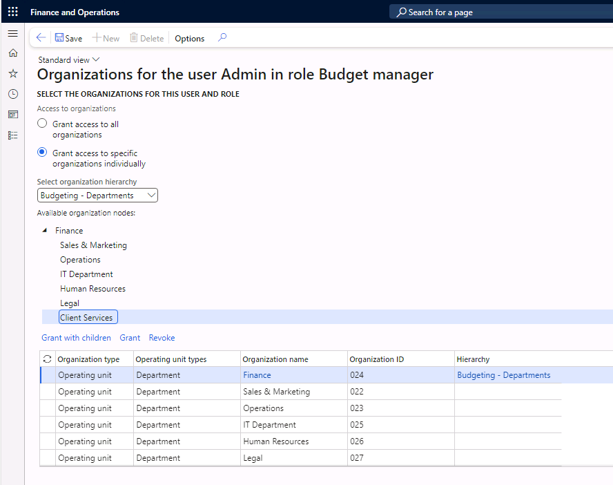 Grant access to specific organizations individually is displayed with all departments selected for the Budgeting - Departments hierarchy.