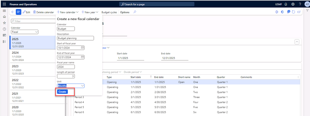 The Fiscal calendars page is open to create a quarterly budget calendar.