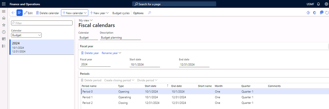 The Fiscal calendars page with the information from the Budget quarterly calendar displayed.