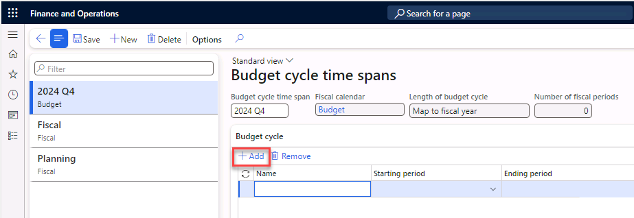 The Budget cycles page is open to create a new budget cycle time span.