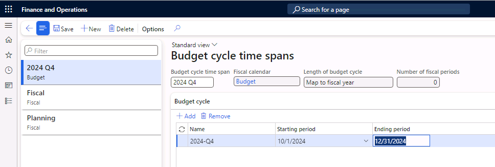 The Budget cycles page is open with the fields for the Budget cycle time span entered.