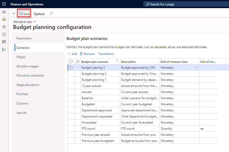 The Budget planning configuration page is open. The Scenarios tab is displaying newly added scenarios.