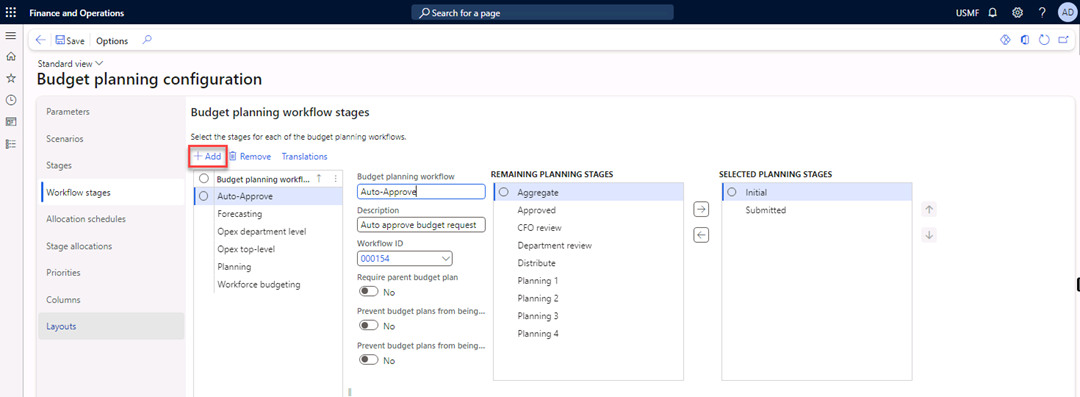 The Budget planning configuration page is open. The Workflow stages tab is selected to create new budget planning workflow stages.