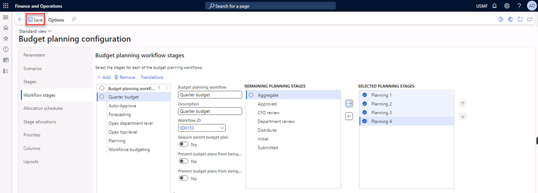 The Budget planning configuration page is open to the Workflow stages tab. All four new planning stages are listed under Selected planning stages.