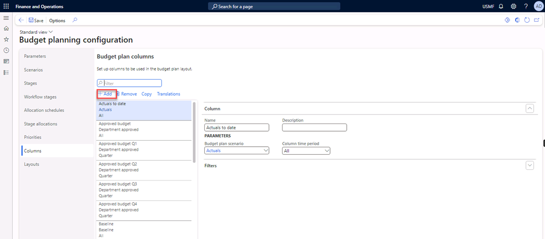 The Budget planning configuration page is displaying the Columns tab to create new budget plan columns.