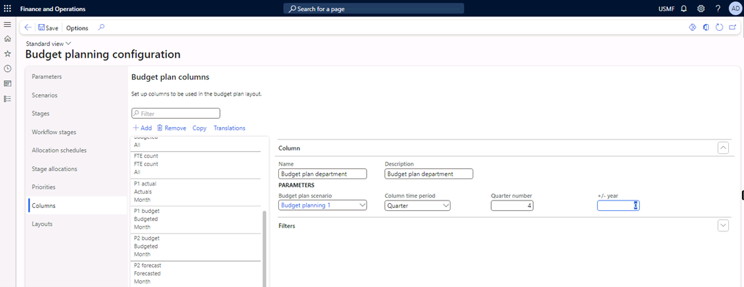 The Budget planning configuration page is open to the Columns tab with the fields populated.