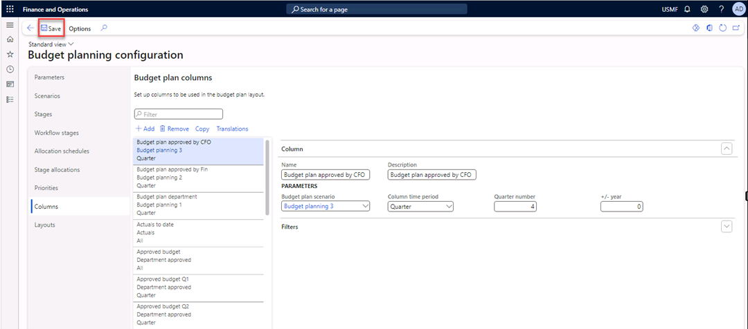 The Budget planning configuration page is displaying the Columns tab and the fields are populated for the new budget plans.