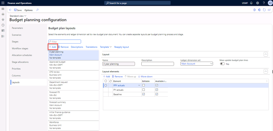 The Budget planning configuration page is displaying the Layouts tab to create new Budget plan layouts.