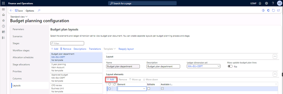 The Budget planning configuration page is displaying the Layouts tab with the fields populated for the budget plan layout.