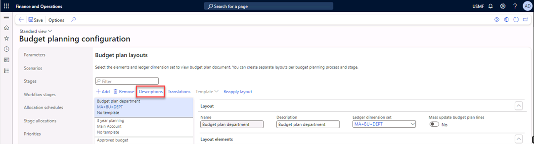 The page budget planning configuration is open, tab Layouts is selected to create new Budget plan layouts.