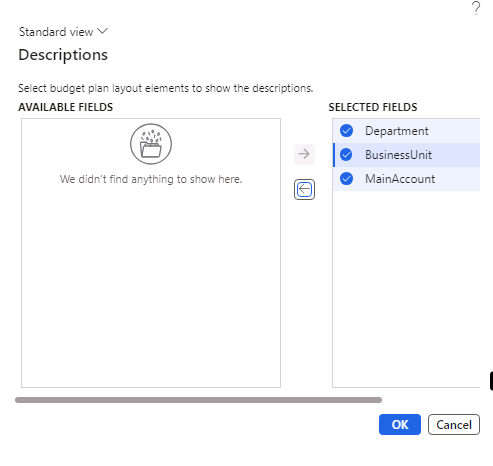 The Descriptions dialog with the available fields added to the Selected fields area.