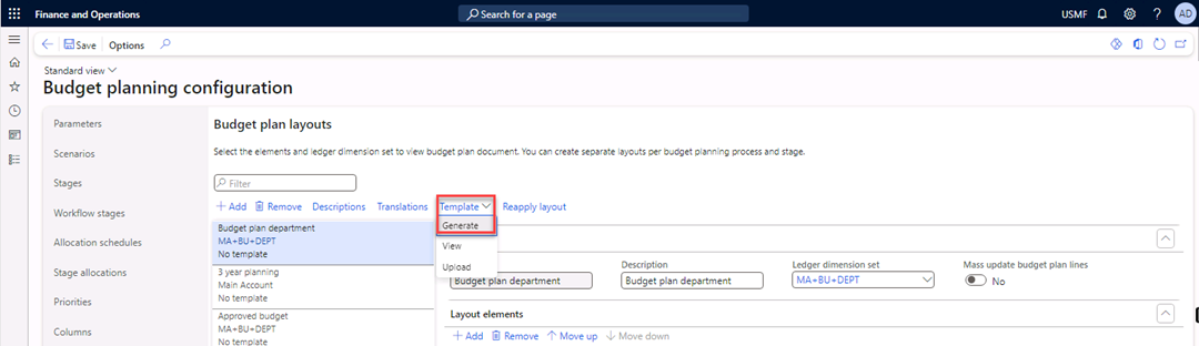 The Budget planning configuration page is displaying the Layouts tab with the Generate option selected.