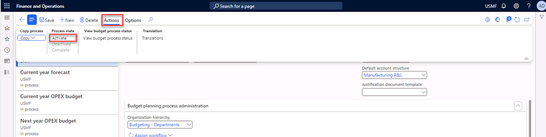 The Budget planning process page is open to activate the new budget planning process.