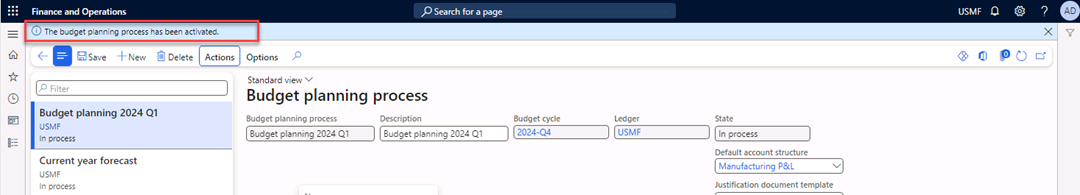 The Budget planning process page is open with the budget planning process fields populated.