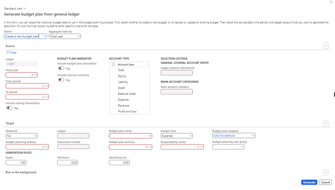 The Generate budget plan from general ledger page is open to generate a budget plan.