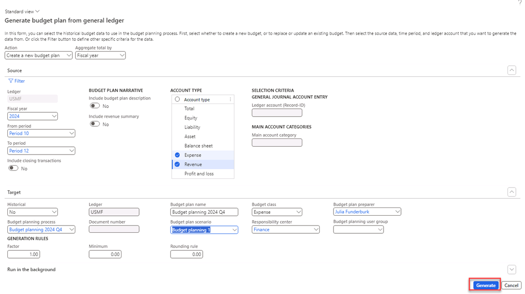 Generate budget plan from general ledger is open with the fields populated.