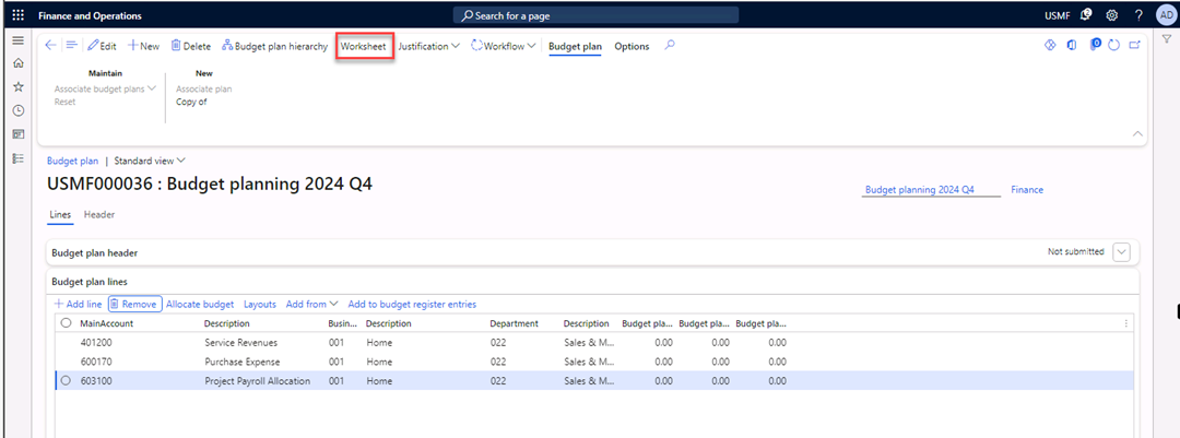 The Budget plans page is open to the Worksheet. 