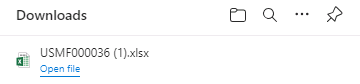 he Downloads window with the downloaded file USMF000036 (1).xlsx appearing.